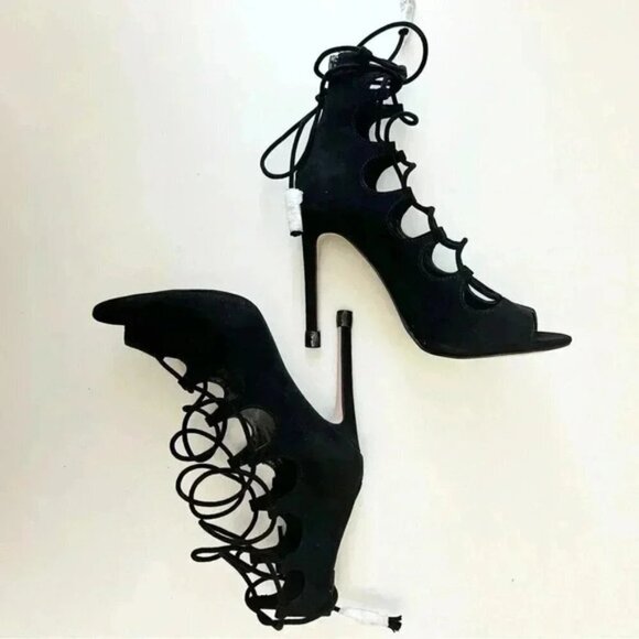 Aldo Sergioa Lace Up Stiletto Heels Peep Toe Black Micro Suede Size 7.5 - Picture 10 of 16